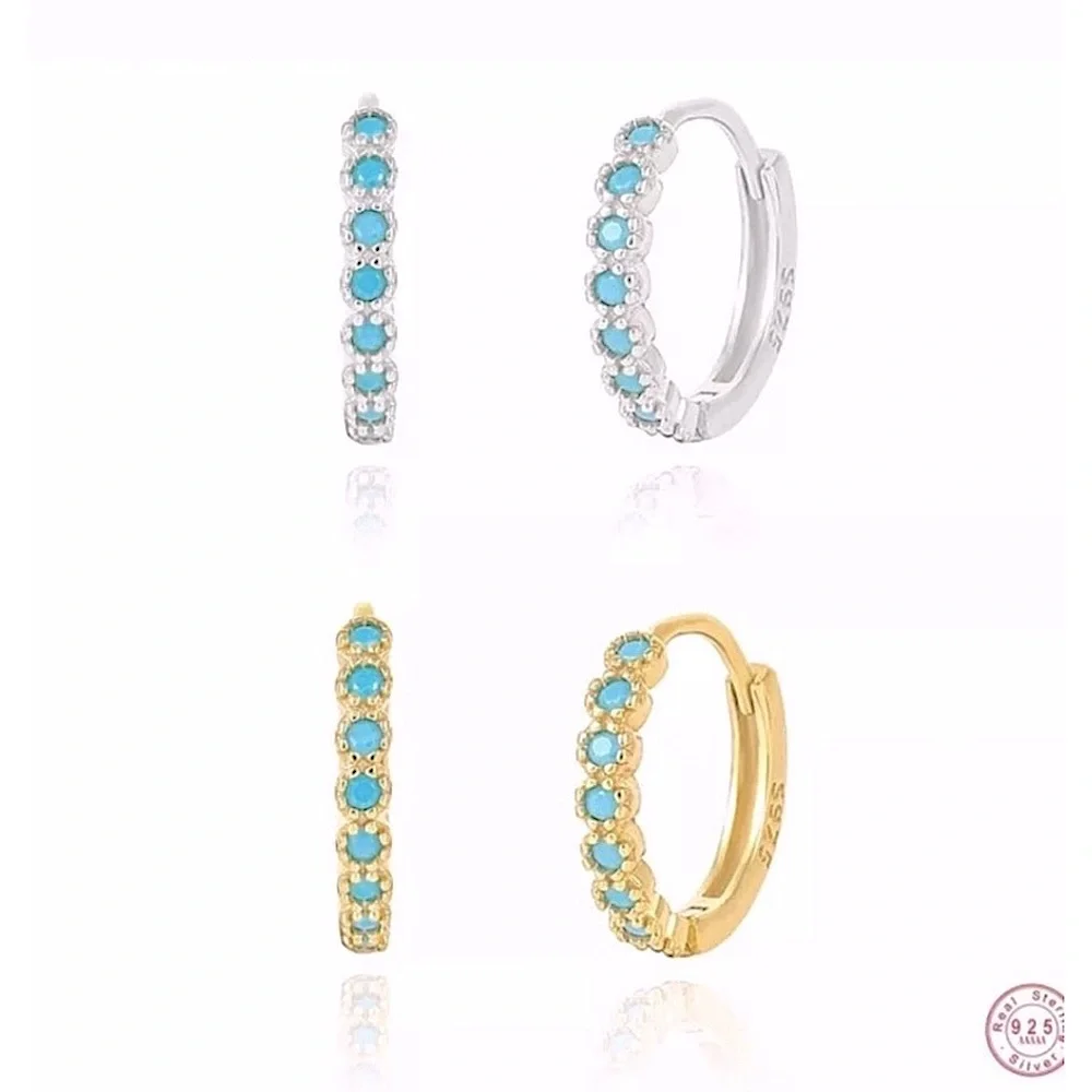 NEW Mens‎ Unisex Turquoise 925 Sterling Silver Hoop Earrings, 9mm